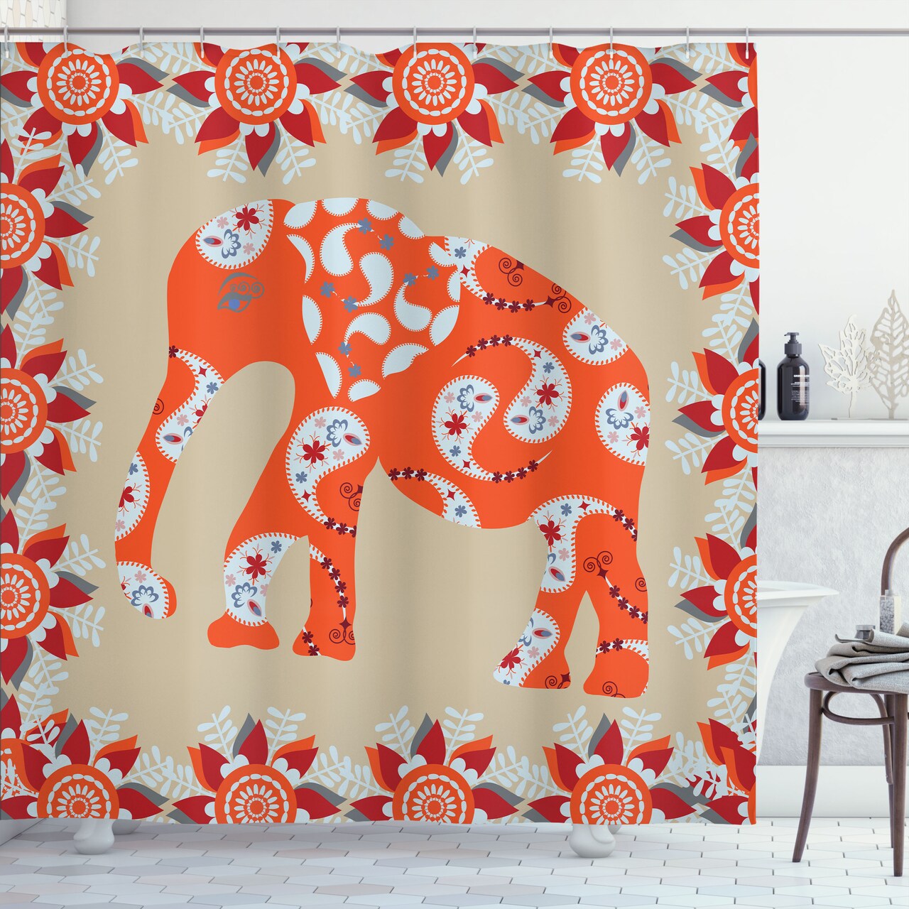 Ambesonne Animal Shower Curtain, Elephant in Paisley Style Floral Drawing Print Flowers of Spring Pattern, Cloth Fabric Bathroom Decor Set with Hooks, 69" W x 84" L, Orange White and Red